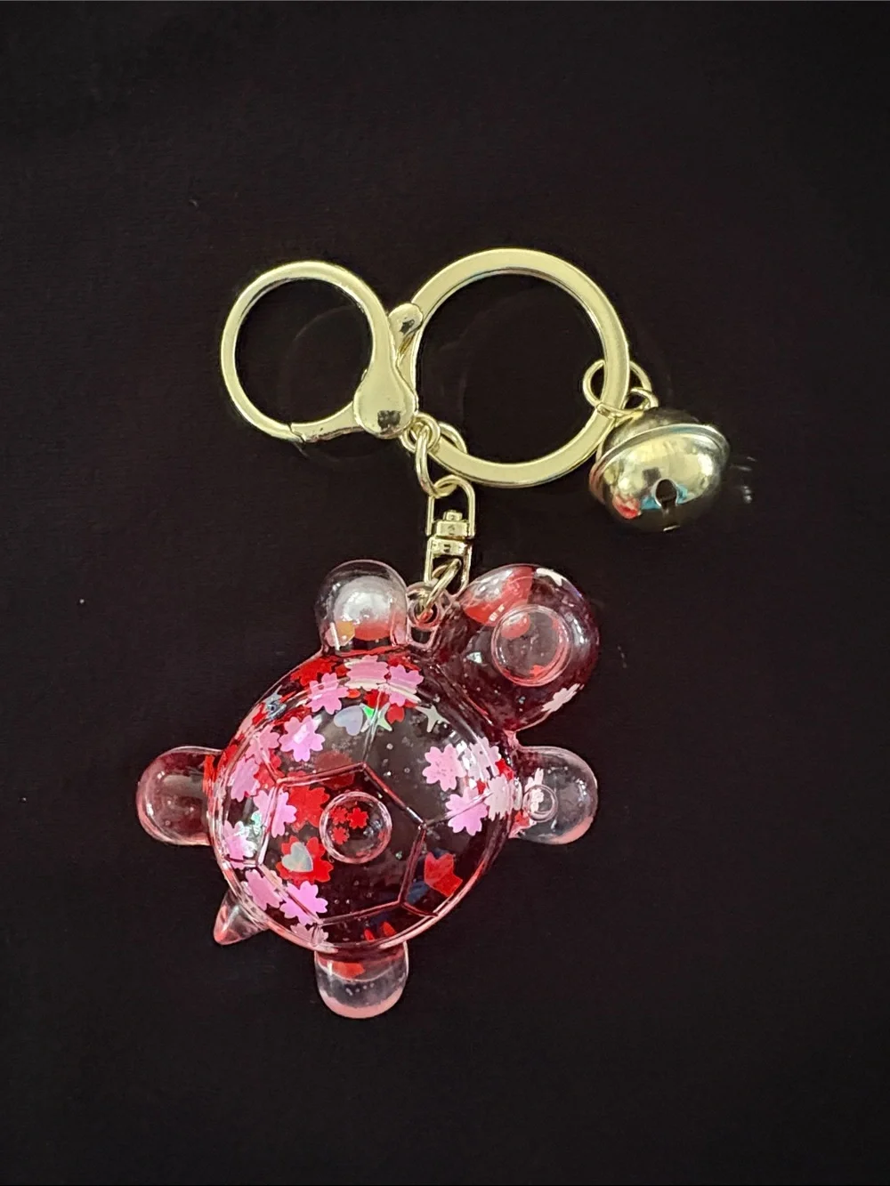 Clear Red Water and Glitter Filled Turtle Keychain Bag Charm with Gold Hardware